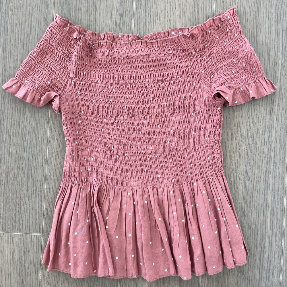 Pink Polka dotted off the shoulder blouse